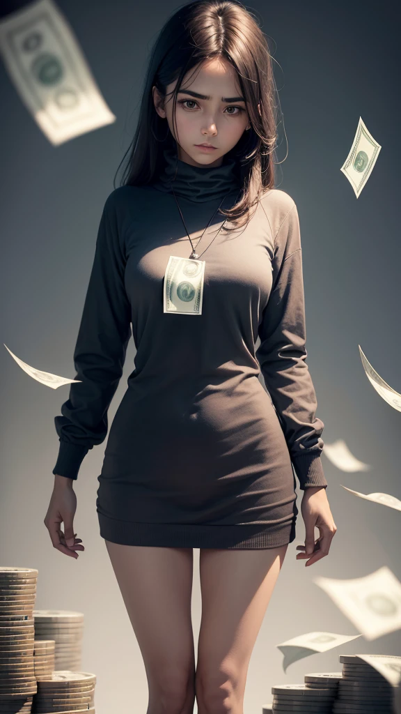 woman standing upright standing alone Hold the money with both hands to your chest.