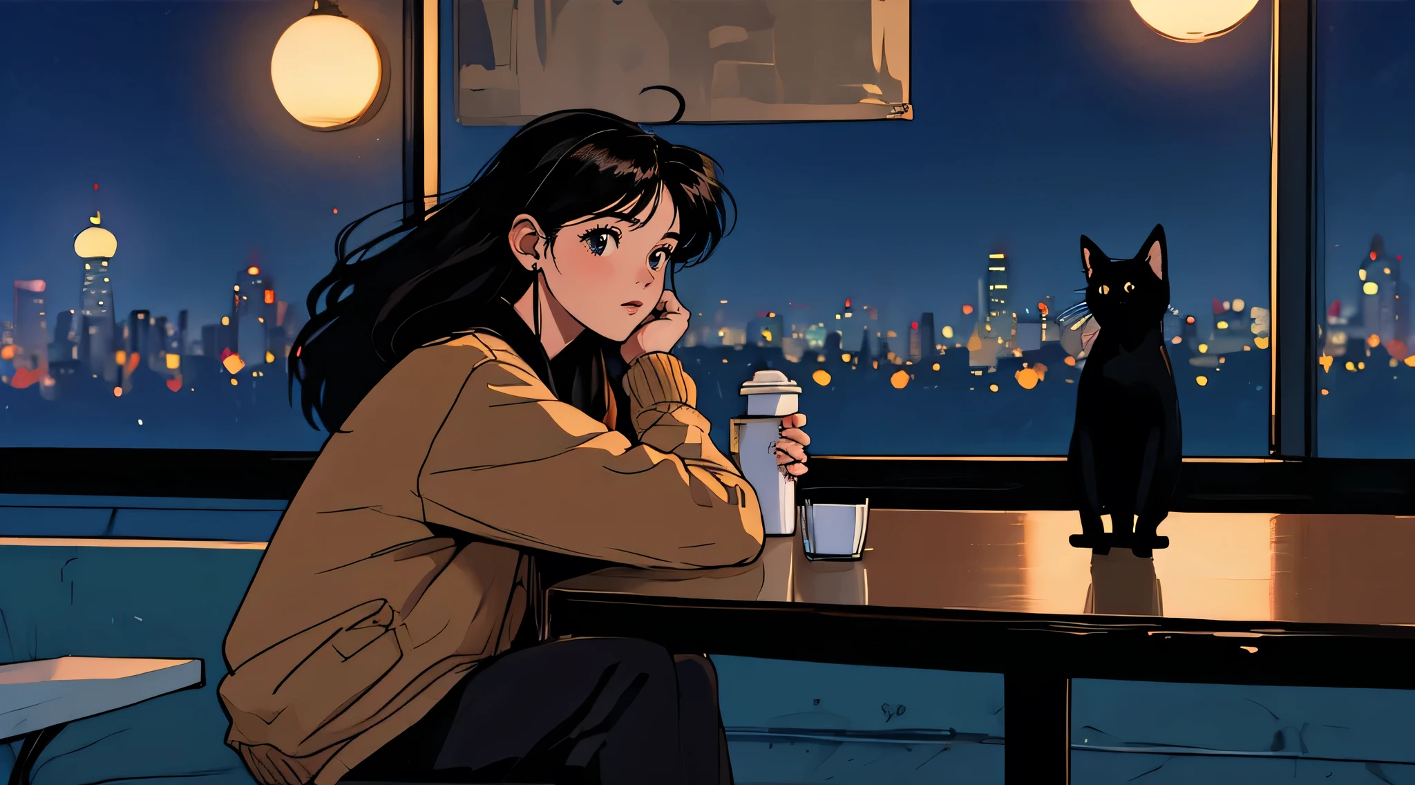 Highest quality, 8k, 1990s style,Hairstyles of the 2010s, 21 year old girl, Black Hair, Long Hair, Light brown eyes, City Pop, pants ,Night view, Wear headphones, whole body,  Relax Coffee,table,making,look at me, Black cat
