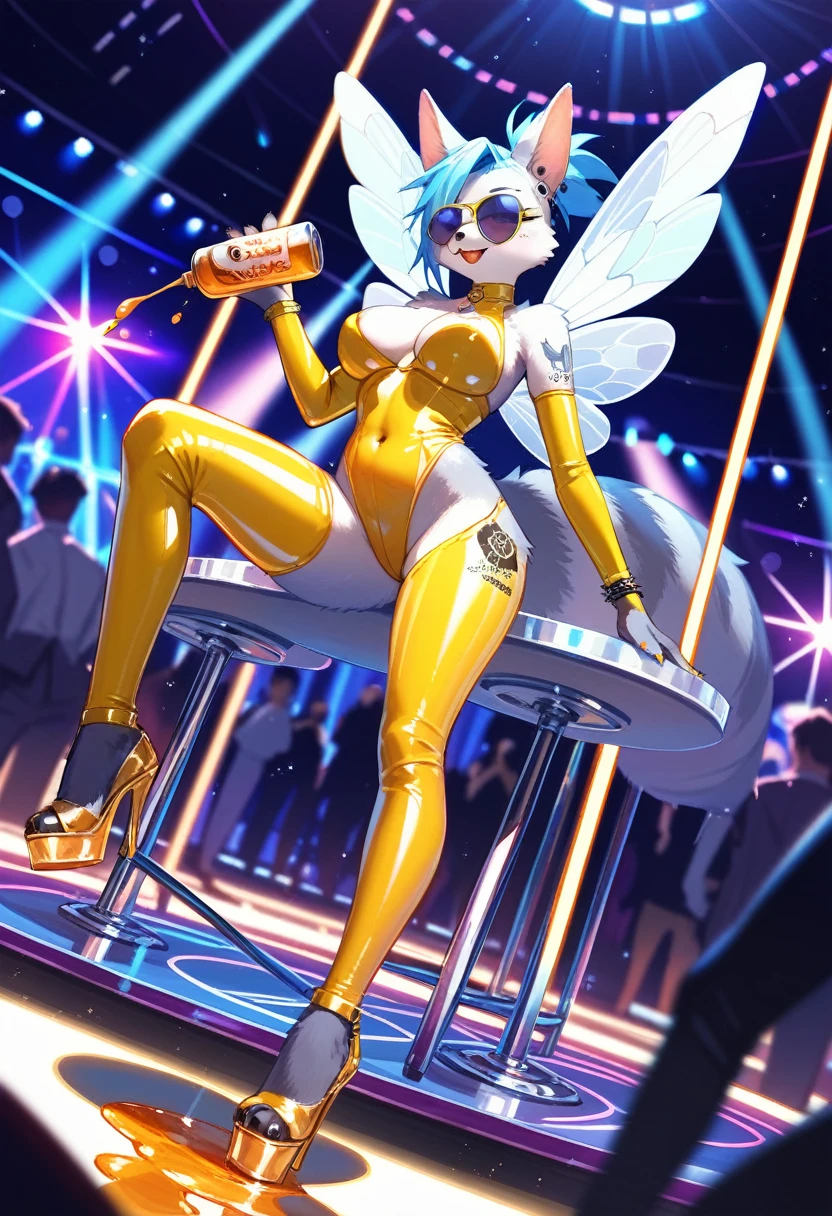 Highest quality, Highest quality, High quality illustrations, masterpiece, Ultra-high resolution, Detailed Background, club, Disco, Absurd, Perfect Anatomy, performance, Good lighting, Shadows in the movies(kemono, Furry Personifi猫ion), bee, honey colored, Yellow Color, Honey Latex, neon, neonカラー, cyber punk, 蜜beeの衣装, 蜜beeコスプレ, ラバーの蜜beeの尻尾, Bee Wings, enamel, sunglasses, Tattoo, first round, High heels, Dynamic Angle
