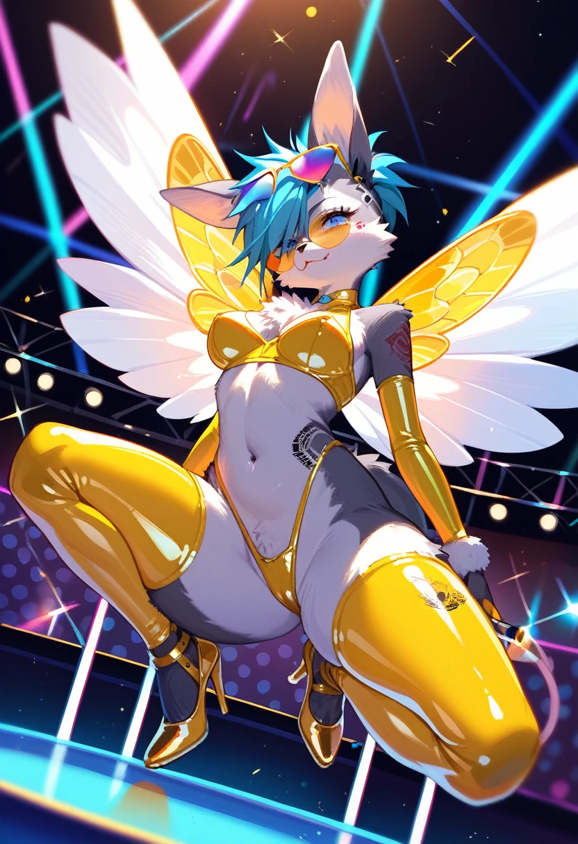Highest quality, Highest quality, High quality illustrations, masterpiece, Ultra-high resolution, Detailed Background, club, Disco, Absurd, Perfect Anatomy, performance, Good lighting, Shadows in the movies(kemono, Furry Personifi猫ion), bee, honey colored, Yellow Color, Honey Latex, neon, neonカラー, cyber punk, 蜜beeの衣装, 蜜beeコスプレ, ラバーの蜜beeの尻尾, Bee Wings, enamel, sunglasses, Tattoo, first round, High heels, Dynamic Angle