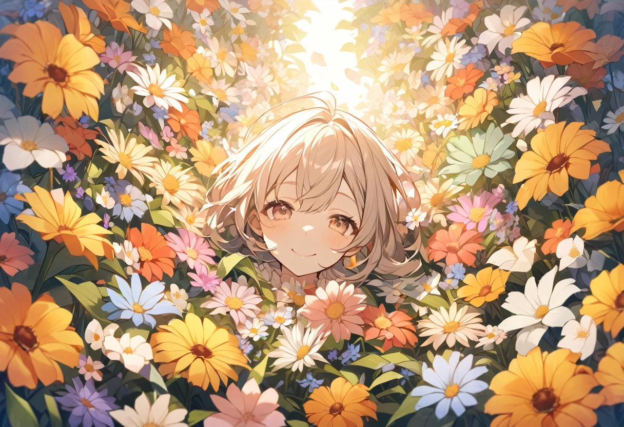 high resolution、null、Surrounded by flowers,Flower side,One girl,Upper Body,smile,I'm laughing so hard my eyes are closing,A big smile,Black Hair,long,Shiny Hair, hand to own mouth