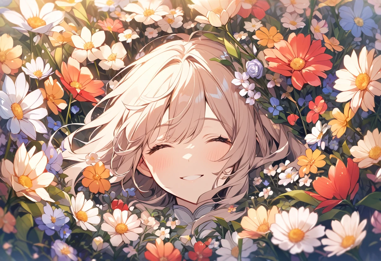 high resolution、null、Surrounded by flowers,Flower side,One girl,Upper Body,smile,I'm laughing so hard my eyes are closing,A big smile,Black Hair,long,Shiny Hair, hand to own mouth