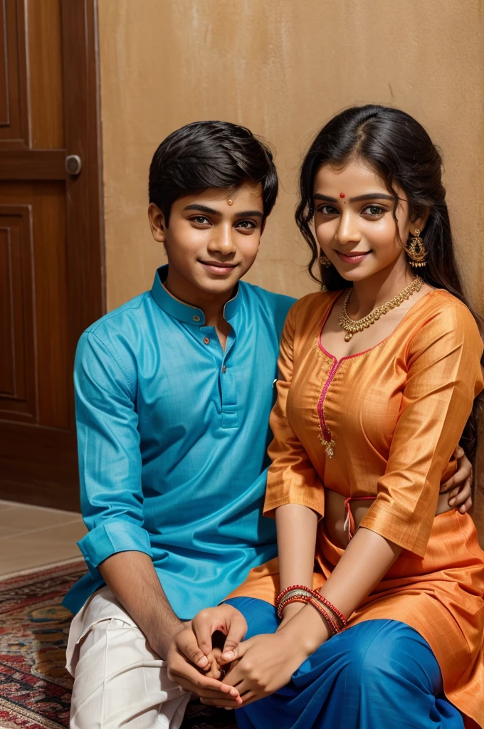 A real 20 year old  Cute boy and girl are sitting face to face on a colorful mat in the home lobby, the boy has extended one of his hands forward, And Girl tying Rakhi on brother's hand. boy is wearing a Blue  colored kurta And the girl is wearing a Red Lahenga, boy has a gift box in his other hand, is smiling, boy has applied tilak on his forehead, and on the wall in bold letters "HAPPY RAKSHA BANDHAN" "Raja & lipsa" It is written, 4k image
