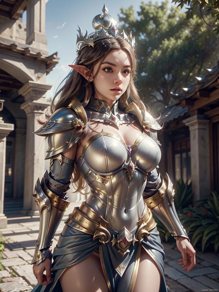 Realistic image cinematic shadows. in the courtyard. of the kingdom. There is Elven Woman Queen, With Crown, Illuminated Face, Hips, Toned, Big Breasts Round and large, ((spruce neckline in a silver armor, gold ornaments)) reflecting the sunlight.