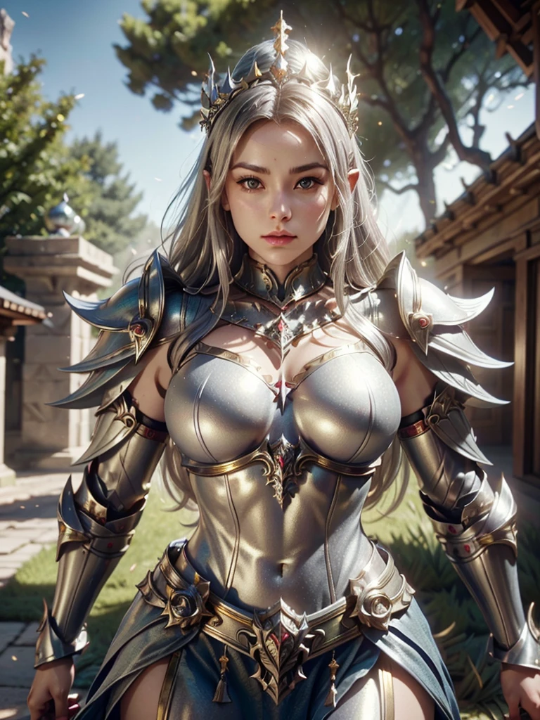 Realistic image cinematic shadows. in the courtyard. of the kingdom. There is Elven Woman Queen, With Crown, Illuminated Face, Hips, Toned, Big Breasts Round and large, ((spruce neckline in a silver armor, gold ornaments)) reflecting the sunlight.