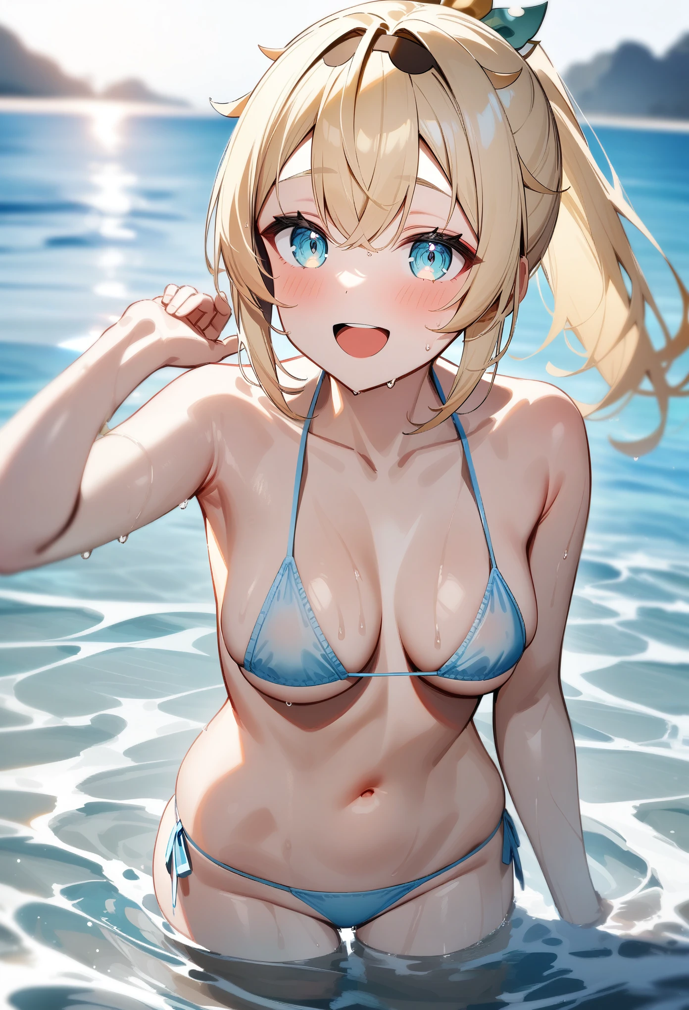 masterpiece, best quality, very aesthetic, absurdres, 1girl, sensitive, kazama iroha, hololive, looking at viewer, ponytail, blonde hair, bangs, eyebrows, blue eyes, medium breasts, micro bikini, wading, open mouth, smile, wet, water, ocean