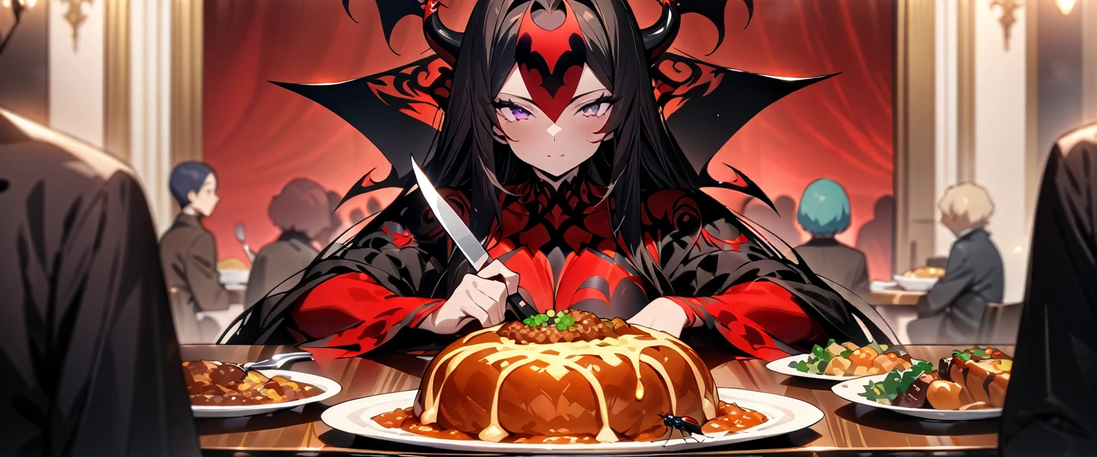 (((masterpiece,Highest quality))),(((Devil anime woman with fly motif))),(((He is sitting alone at the table, holding his knife and fork in front of a sumptuous meal))),(Human-like design),Focus on people,(high quality),アニメ