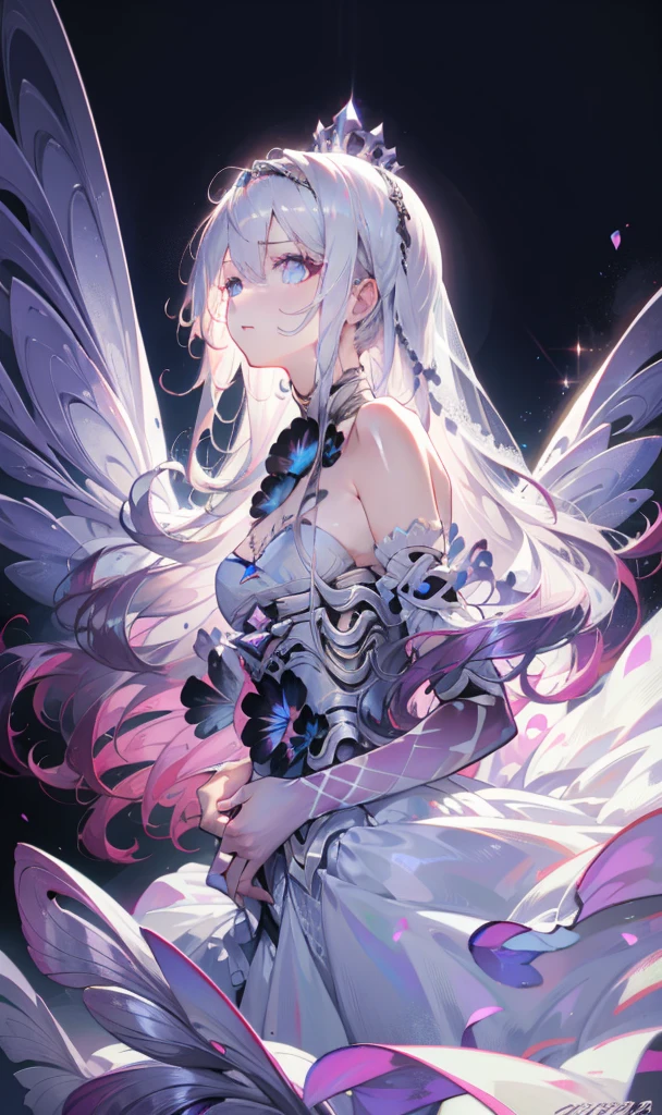 Silver Hair,Butterfly,Long white hair,White Wedding Dress,8k wallpaper,Detailed background,Maximum resolution,Deep V Big,hair covering one eye,Strapless wedding dress,Chis,White Rose,Tight,full-body shot