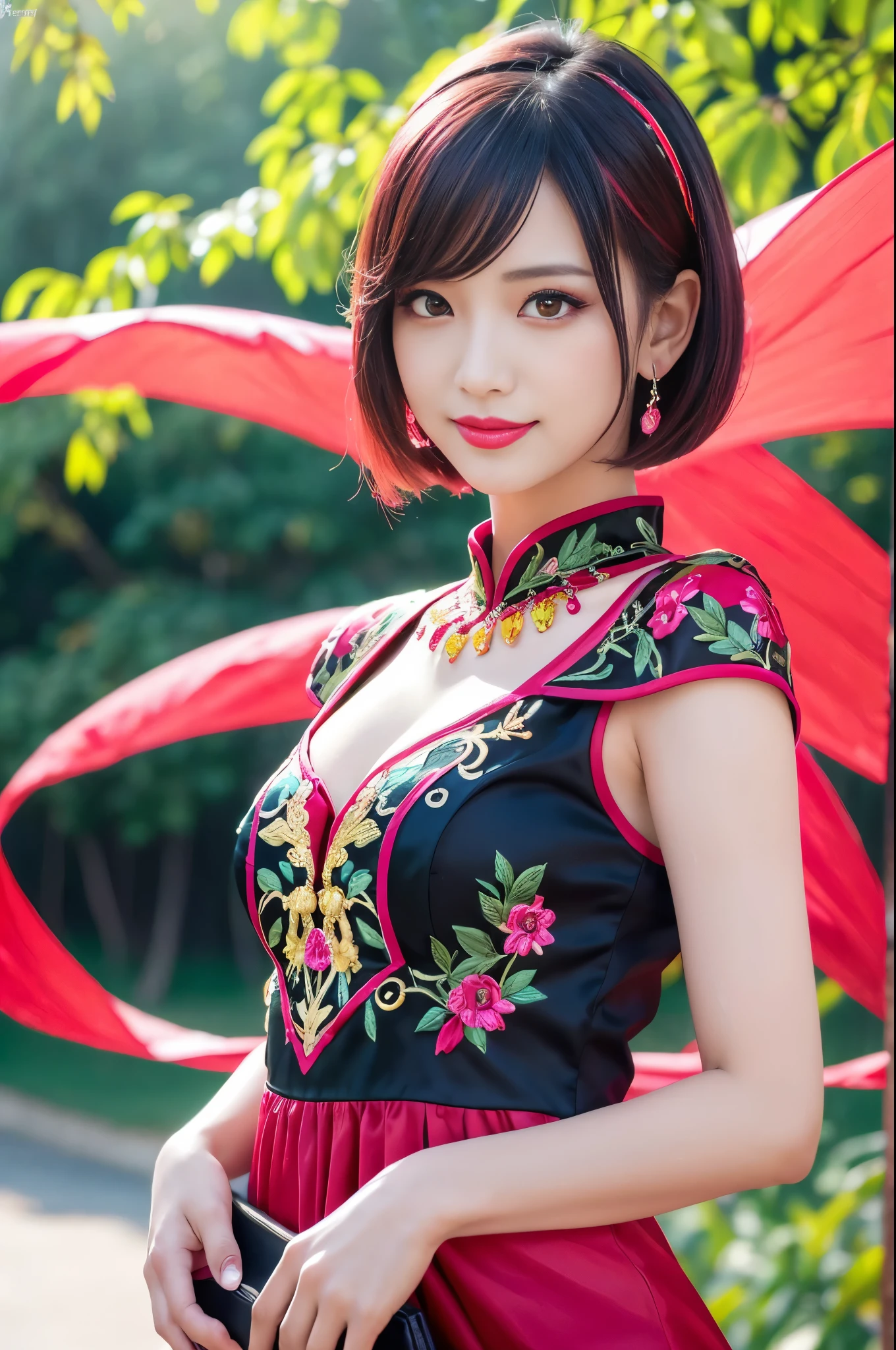 (masterpiece:1.4), (best quality:1.4), ultra high res, ultra high resolution, ((detailed facial features)), HDR, (realistic, photorealistic, photo-realistic:1.37), full body Esbian, sexy Vietnamese model, (-anime), vivid colors, ((vivid colors multicolor (red, fuchsia) very short hair)), (happy smile), lip-gloss, long lashes, ultra detailed makeup, defined eyebrows, wearing large sparkling colorful jewelery, wearing a red silk Paradise Kiss cosplay dress with black floral embroidery, ((vivid colors outfit)), vivid colors, look at the camera, cinematic light, large park background with trees, sweet and sexy pose