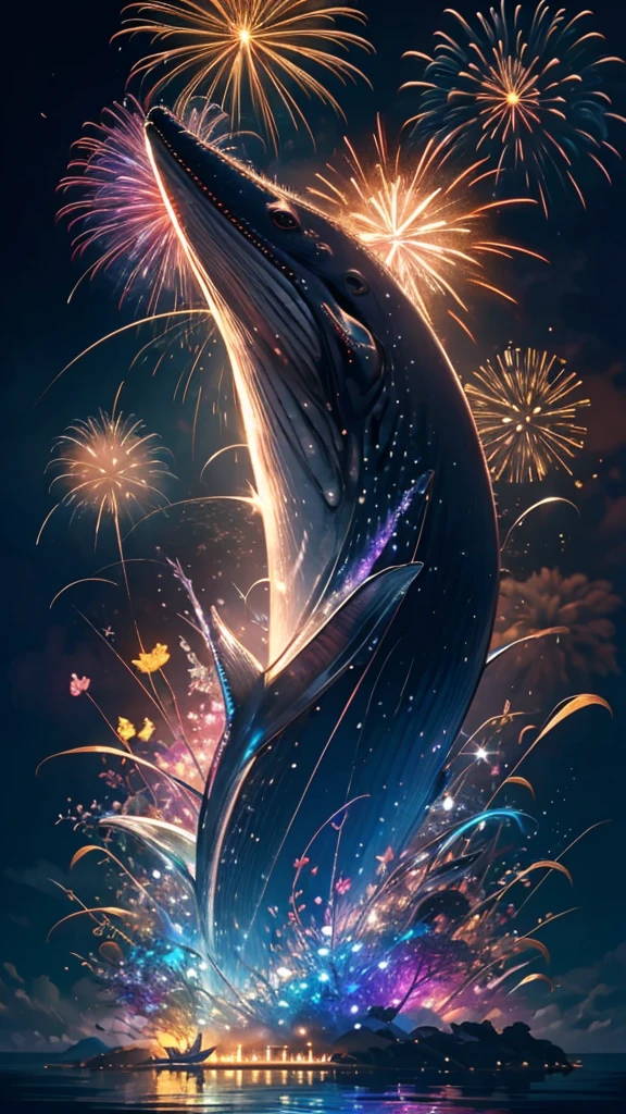 Whales、fish、whale、Whales、whaleたちに囲まれて、Mysterious Landscape、firework、firework大会、Rainbow colorsのfireworkが打ちあがっている瞬間、夜nullとともに、幻想的な海景色で壮大なfirework、future都市、Highest quality、masterpiece, (Diffuse reflection of light:1.2), When the fantastic rainbow turns into shadow, bathed in a mystical atmosphere.whaleたちも見ています, Cast magic spells. evoke a sense of wonder and awe. A fusion of natural grandeur and magic, Weaving dreams into reality. Behold, null, And the unknown, Fleeting、And an eternal moment, 16K, Ultra-high resolution.Realistic, Ultra-high resolution, to be born,future、Rainbow colorsに光り輝く、Rainbow colors、The world 30 years from now。