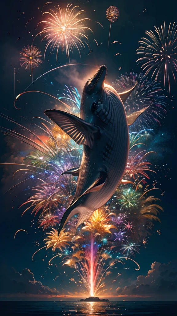 Whales、fish、whale、Whales、whaleたちに囲まれて、Mysterious Landscape、firework、firework大会、Rainbow colorsのfireworkが打ちあがっている瞬間、夜nullとともに、幻想的な海景色で壮大なfirework、future都市、Highest quality、masterpiece, (Diffuse reflection of light:1.2), When the fantastic rainbow turns into shadow, bathed in a mystical atmosphere.whaleたちも見ています, Cast magic spells. evoke a sense of wonder and awe. A fusion of natural grandeur and magic, Weaving dreams into reality. Behold, null, And the unknown, Fleeting、And an eternal moment, 16K, Ultra-high resolution.Realistic, Ultra-high resolution, to be born,future、Rainbow colorsに光り輝く、Rainbow colors、The world 30 years from now。