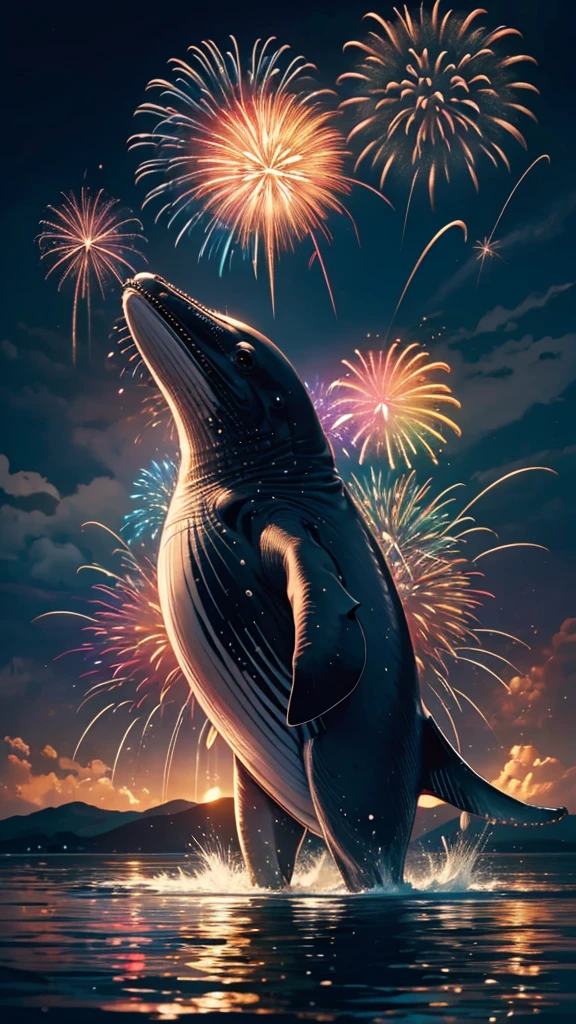 Whales、fish、whale、Whales、whaleたちに囲まれて、Mysterious Landscape、firework、firework大会、Rainbow colorsのfireworkが打ちあがっている瞬間、夜nullとともに、幻想的な海景色で壮大なfirework、future都市、Highest quality、masterpiece, (Diffuse reflection of light:1.2), When the fantastic rainbow turns into shadow, bathed in a mystical atmosphere.whaleたちも見ています, Cast magic spells. evoke a sense of wonder and awe. A fusion of natural grandeur and magic, Weaving dreams into reality. Behold, null, And the unknown, Fleeting、And an eternal moment, 16K, Ultra-high resolution.Realistic, Ultra-high resolution, to be born,future、Rainbow colorsに光り輝く、Rainbow colors、The world 30 years from now。