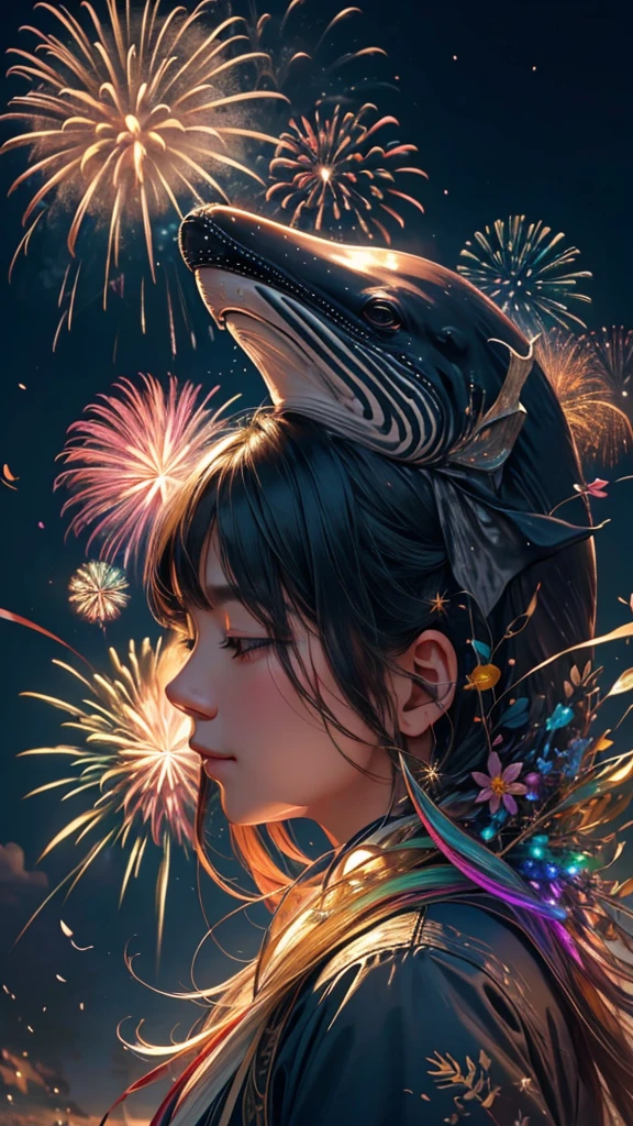 Whales、fish、whale、Whales、whaleたちに囲まれて、Mysterious Landscape、firework、firework大会、Rainbow colorsのfireworkが打ちあがっている瞬間、夜nullとともに、幻想的な海景色で壮大なfirework、future都市、Highest quality、masterpiece, (Diffuse reflection of light:1.2), When the fantastic rainbow turns into shadow, bathed in a mystical atmosphere.whaleたちも見ています, Cast magic spells. evoke a sense of wonder and awe. A fusion of natural grandeur and magic, Weaving dreams into reality. Behold, null, And the unknown, Fleeting、And an eternal moment, 16K, Ultra-high resolution.Realistic, Ultra-high resolution, to be born,future、Rainbow colorsに光り輝く、Rainbow colors、The world 30 years from now。