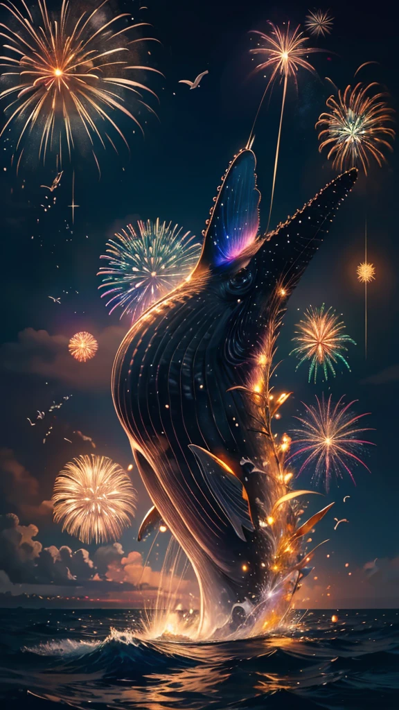 Whales、fish、whale、Whales、whaleたちに囲まれて、Mysterious Landscape、firework、firework大会、Rainbow colorsのfireworkが打ちあがっている瞬間、夜nullとともに、幻想的な海景色で壮大なfirework、future都市、Highest quality、masterpiece, (Diffuse reflection of light:1.2), When the fantastic rainbow turns into shadow, bathed in a mystical atmosphere.whaleたちも見ています, Cast magic spells. evoke a sense of wonder and awe. A fusion of natural grandeur and magic, Weaving dreams into reality. Behold, null, And the unknown, Fleeting、And an eternal moment, 16K, Ultra-high resolution.Realistic, Ultra-high resolution, to be born,future、Rainbow colorsに光り輝く、Rainbow colors、The world 30 years from now。