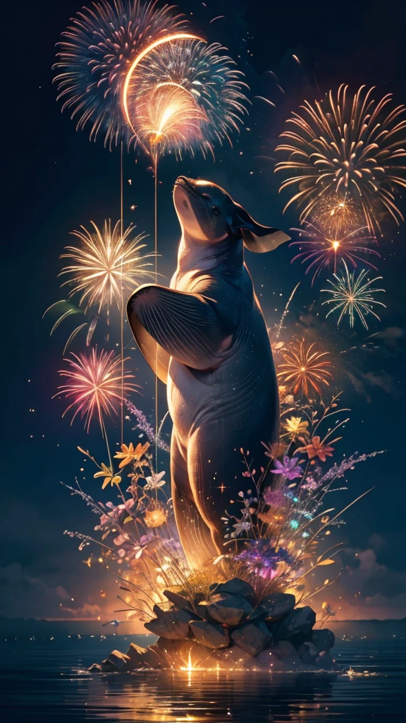 Whales、fish、whale、Whales、whaleたちに囲まれて、Mysterious Landscape、firework、firework大会、Rainbow colorsのfireworkが打ちあがっている瞬間、夜nullとともに、幻想的な海景色で壮大なfirework、future都市、Highest quality、masterpiece, (Diffuse reflection of light:1.2), When the fantastic rainbow turns into shadow, bathed in a mystical atmosphere.whaleたちも見ています, Cast magic spells. evoke a sense of wonder and awe. A fusion of natural grandeur and magic, Weaving dreams into reality. Behold, null, And the unknown, Fleeting、And an eternal moment, 16K, Ultra-high resolution.Realistic, Ultra-high resolution, to be born,future、Rainbow colorsに光り輝く、Rainbow colors、The world 30 years from now。