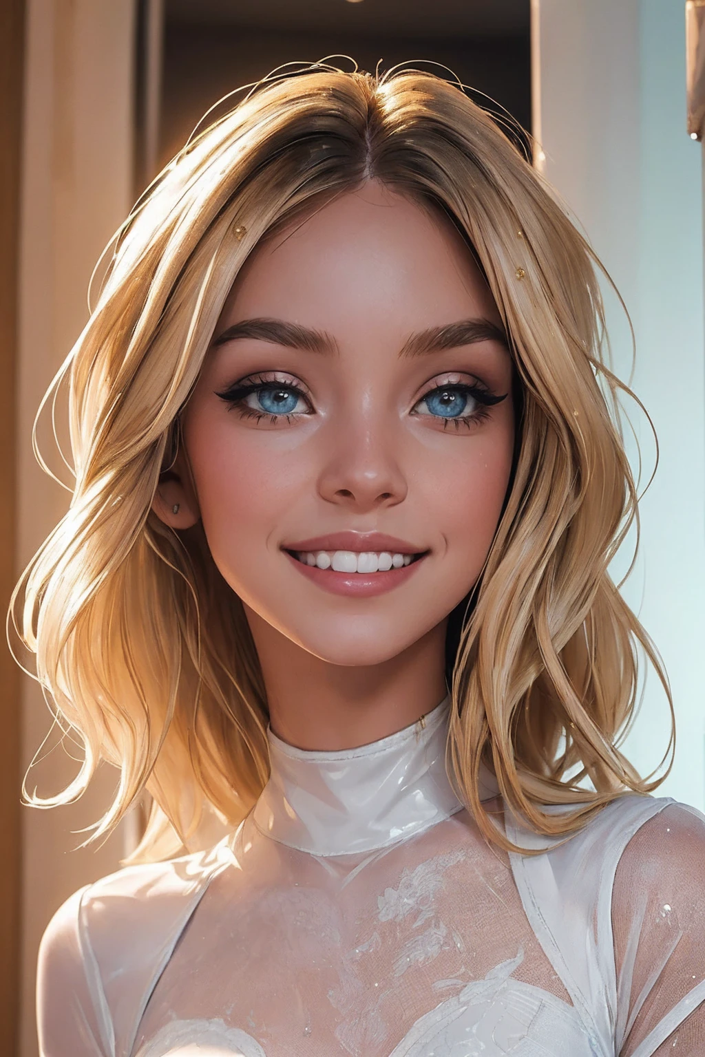 ((((masterpiece, best quality, high resolution)))), Extremely detailed 8K, Beautiful girl with slender body, e-girl, (Ultra HD, Ultra-detailed, Highly detailed, Highly realistic, Ultra-realistic, photograph realistic), (1girl:1.5), (Realistic blonde hair with dark roots), wavy hair, boho bob cut,(dark makeup, pink eyeshadow), facing at camera, light smile, (white and gold outfit, see through clothes, wet skin, transparent). (space cruise), coy grin