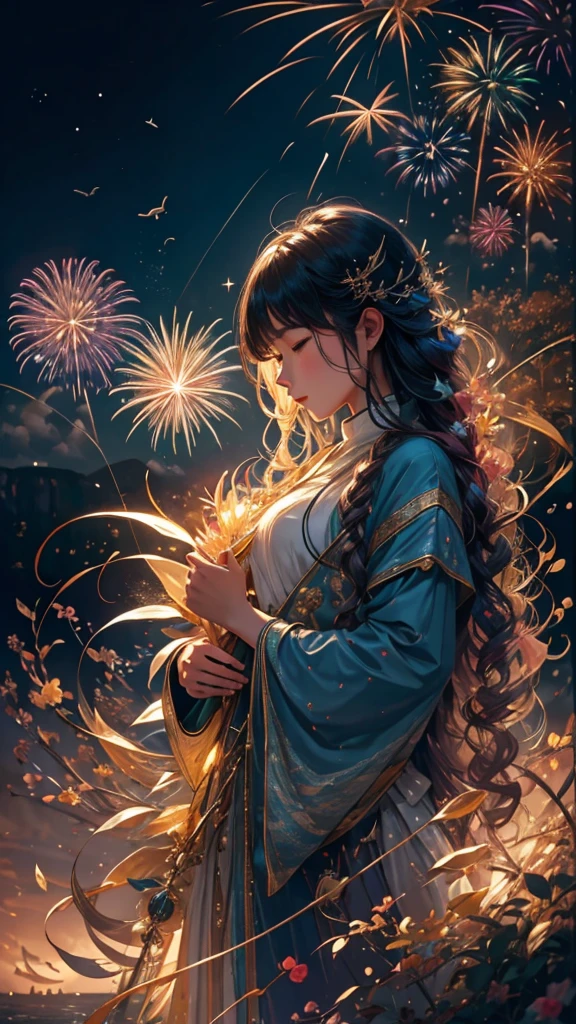 Whales、fish、whale、Whales、whaleたちに囲まれて、Mysterious Landscape、firework、firework大会、Rainbow colorsのfireworkが打ちあがっている瞬間、夜nullとともに、幻想的な海景色で壮大なfirework、future都市、Highest quality、masterpiece, (Diffuse reflection of light:1.2), When the fantastic rainbow turns into shadow, bathed in a mystical atmosphere.whaleたちも見ています, Cast magic spells. evoke a sense of wonder and awe. A fusion of natural grandeur and magic, Weaving dreams into reality. Behold, null, And the unknown, Fleeting、And an eternal moment, 16K, Ultra-high resolution.Realistic, Ultra-high resolution, to be born,future、Rainbow colorsに光り輝く、Rainbow colors、The world 30 years from now。