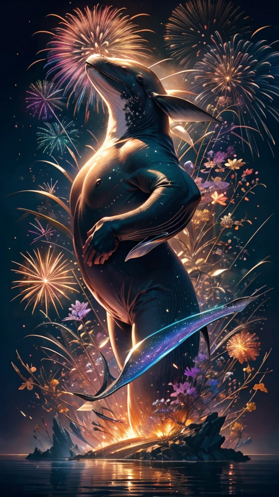 Whales、fish、whale、Whales、whaleたちに囲まれて、Mysterious Landscape、firework、firework大会、Rainbow colorsのfireworkが打ちあがっている瞬間、夜nullとともに、幻想的な海景色で壮大なfirework、future都市、Highest quality、masterpiece, (Diffuse reflection of light:1.2), When the fantastic rainbow turns into shadow, bathed in a mystical atmosphere.whaleたちも見ています, Cast magic spells. evoke a sense of wonder and awe. A fusion of natural grandeur and magic, Weaving dreams into reality. Behold, null, And the unknown, Fleeting、And an eternal moment, 16K, Ultra-high resolution.Realistic, Ultra-high resolution, to be born,future、Rainbow colorsに光り輝く、Rainbow colors、The world 30 years from now。