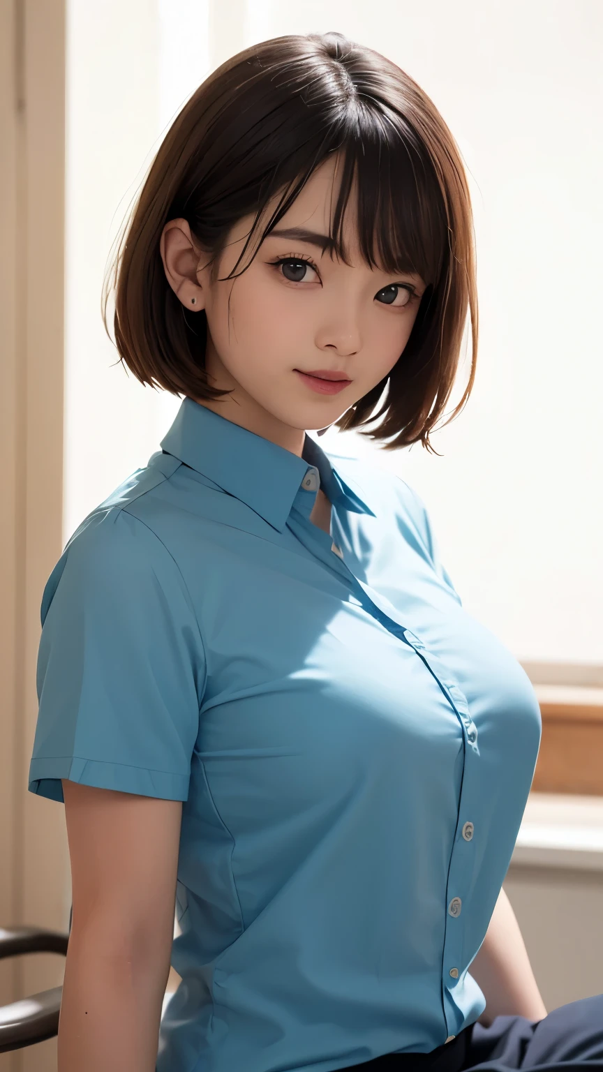 (8k、Highest quality、masterpiece:1.8、bangsのあるショートボブヘア:1.8、Everything is beautifully detailed)、(Real Stick:1.5、realism:1.5)、Highly detailed drawing、1 girl、cute、alone、Sitting、 (smile:1.15)、(Shut your mouth.)、big breasts、Looking into the camera、Looking into the camera胸、{gigantic|big|huge|mega} breasts, cleavage、Beautiful and beautiful eyes、big, Detailed and beautiful eyes、Transparent double eyelids、eyelash、Beautiful Lips、(Collared shirt:1.6)、(short hair:1.2)、bangs、beautiful long neck、smile、Shut your mouth.、cute face、Authenticistic skin types、Authentic texture、Unbutton、Pale pink lips、There's Really no background、Genuinely pure white background、28 years old,Natural light、upper lip not thick
