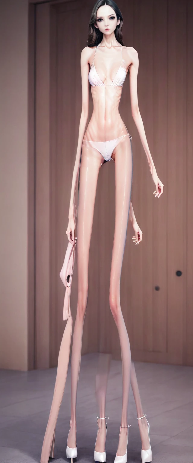 Very Very thin anorexia long elongated body. Very thin, Unrealistic long and slender legs in pantyhose,The upper body is only wearing a beautiful pink bra,Overall posture from head to toe. Very beautiful cute real face.