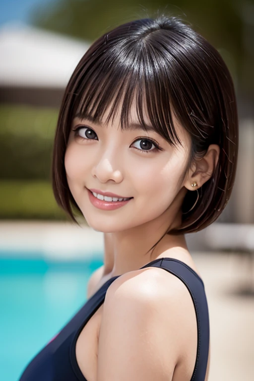 ((highest quality、8k、masterpiece:1.3))、Japanese actress、1 female、Big Breasts:1.2、Slim figure:1.1、smile：1.4、Black Hair、Very short hair、Japanese actress, Age 35、Straight face、Look away、Short Hair、beautiful, Beach, Transparent Bikini, Realistic, Highly detailed skin, 8K resolution, sony camera,Highly detailed face、Detailed lips、Fine grain、double eyelid、Kneel、Place your hands behind your head、Unusual angles