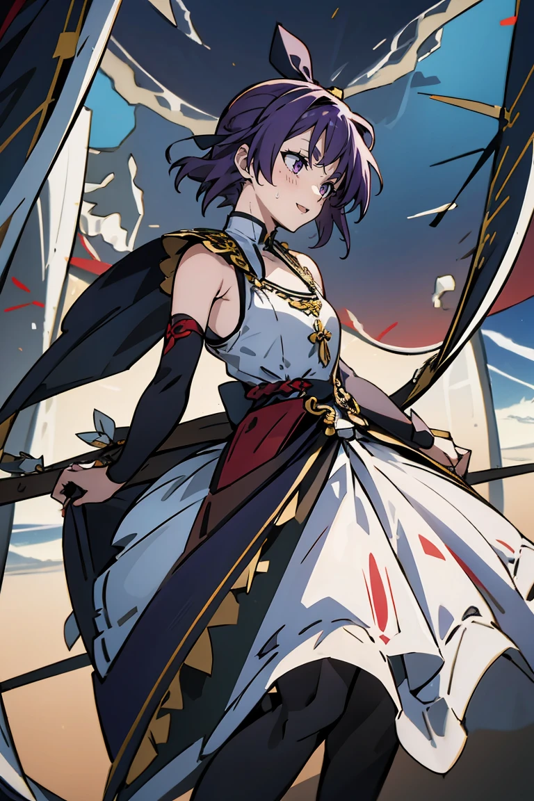 (masterpiece:1.2), (high quality:1.2), reo mikage, blue lock, girls with((1girl, solo, purple hair, (medium hair, right swept bangsone side up, hair ribbon, hair bow:1.55), bare shoulder, blush, breasts, choker, cleavage, cowboy shot, collar, collarbone, rosary, rosary choker, cross, white clothes, blouse, sleeveless, neck ribbon, big ribbon, cheongsam, cinderella dress, long dress, frill pannier, leggings, boots, sandals, bare feet)), background with((continent, earth, horizon:2.0))