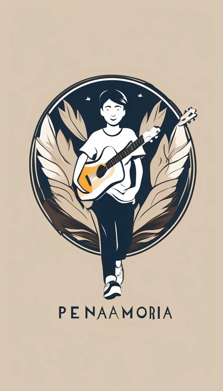 Create a modern, minimalistic logo design for a brand called " Penamemoria". The logo of a boy is running with open arms, holding an acoustic guitar in the right hand and a bird feather in the left hand. Minimalistic logo design impressed on a book cover