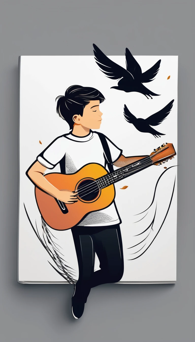 Create a modern, minimalistic logo design for a brand called " Penamemoria". The logo of a boy is running with open arms, holding an acoustic guitar in the right hand and a bird feather in the left hand. Minimalistic logo design impressed on a book cover