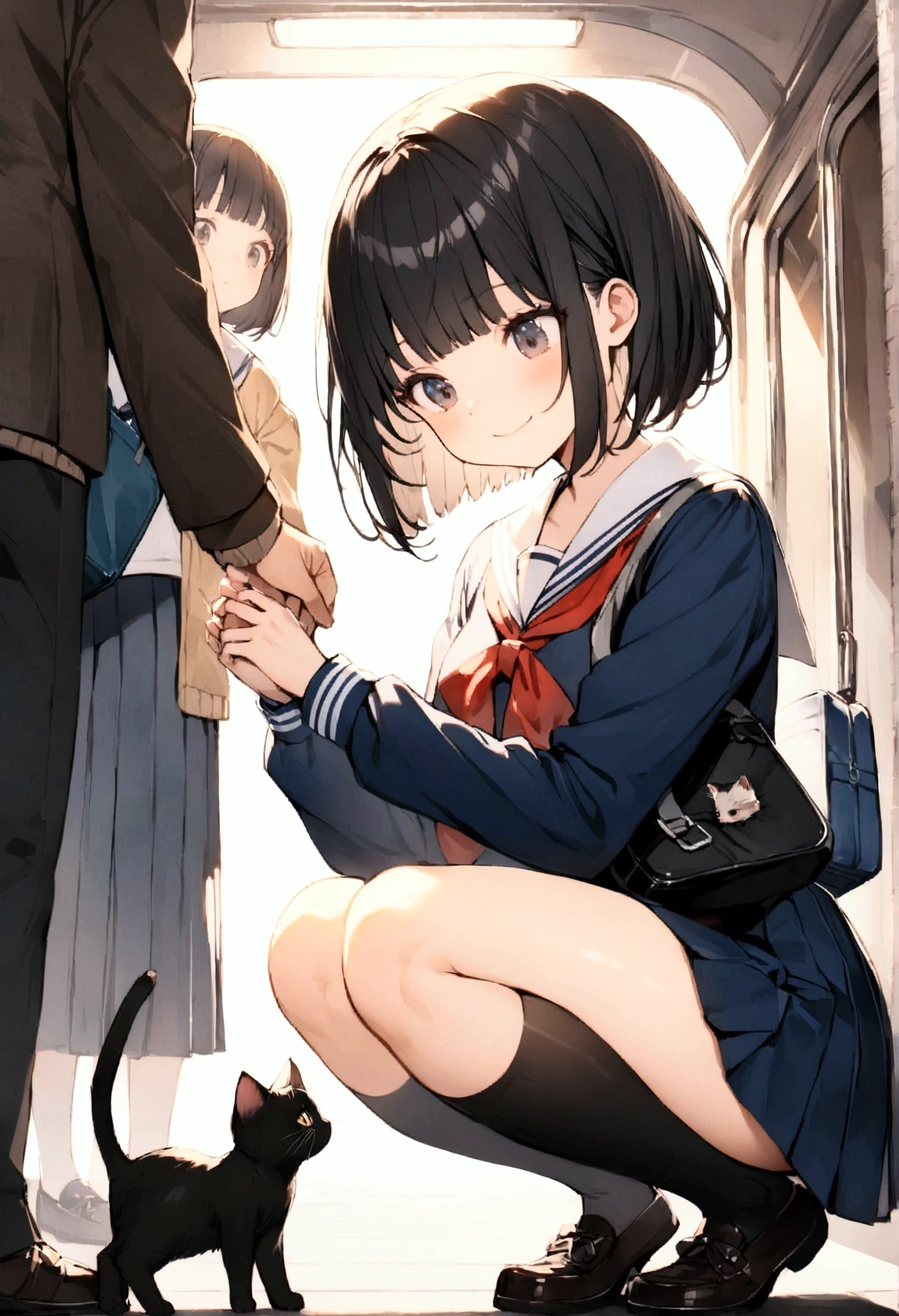 One Woman、1 kitten、crowd、Station platform、beautiful girl、Sailor suit、A gentle smile、Looking at the kitten、Pleated skirt、Hold a school bag with both hands、Age: 18、Bob Cut Hair, Highest quality, body type、Small 、Small ass、Black Hair,The train is coming、Black knee-high socks、Cowboy Shot、Ultra-fine images、Squatting down to fix shoelaces、Angle from directly below、Petting a cat、pat