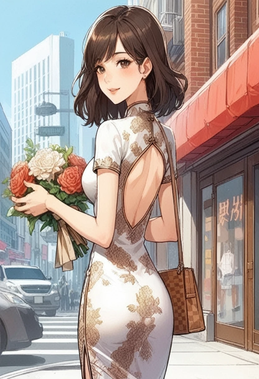 1lady solo, (looking back) (from behind), (strolling through city), (white cheongsam) stylish, mature female, /(dark brown hair/) bangs, blush light smile, (masterpiece best quality:1.2) delicate illustration ultra-detailed, large breasts BREAK (holding a designer's bag) (holding bouquet) BREAK (luxurious downtown street) outdoors, noon, crowded, detailed background