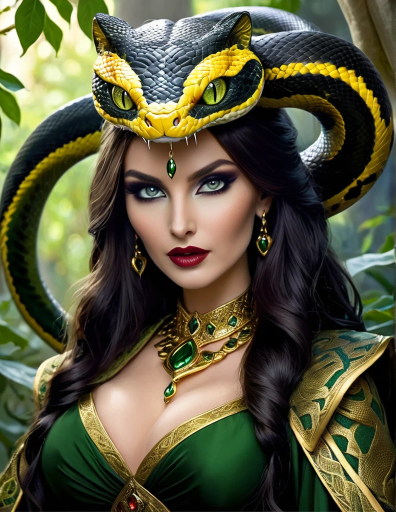 elegant snake priestess, serpentine features, mesmerizing golden eyes with slit pupils, delicate yet stern facial features, hidden venomous fangs, regal yet practical robed attire, feline grace with an underlying tension, embodiment of ancient Stygian mysticism, magic and mystery