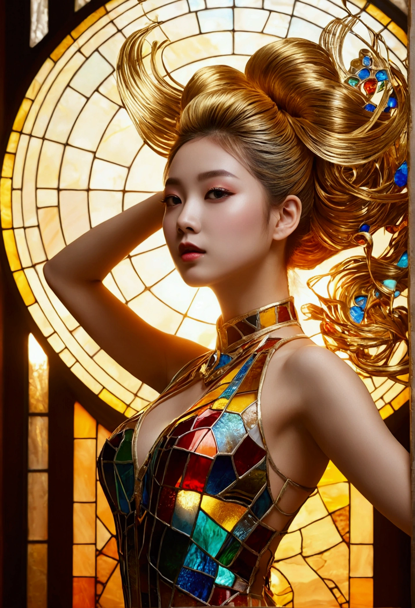 (masterpiece, Highest quality, Highest quality,Official Art, beautifully、Super Gold Hairstyle、aesthetic:1.2),(One girl:1.3), One girl BREAK stained glass art, Colored Glass, Lead wire, Light transmission BREAK Vivid colors, Intricate Design, Glowing effect, Spiritual atmosphere、Background abstract korean style,strip dancer