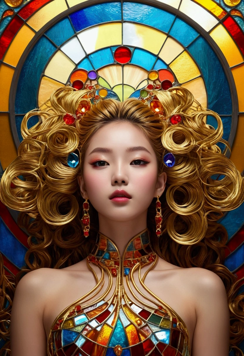 (masterpiece, Highest quality, Highest quality,Official Art, beautifully、Super Gold Hairstyle、aesthetic:1.2),(One girl:1.3), One girl BREAK stained glass art, Colored Glass, Lead wire, Light transmission BREAK Vivid colors, Intricate Design, Glowing effect, Spiritual atmosphere、Background abstract korean style,strip dancer