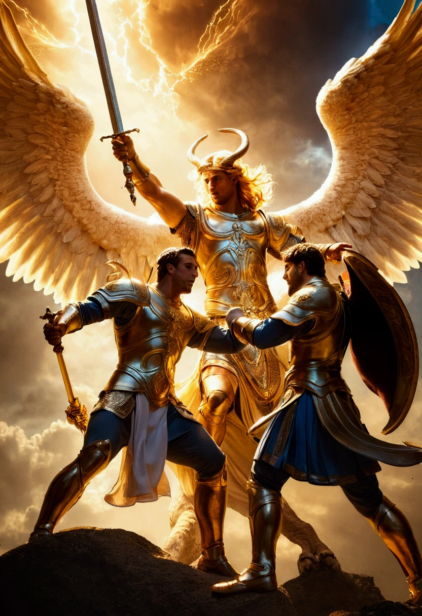 Male archangels battling beasts