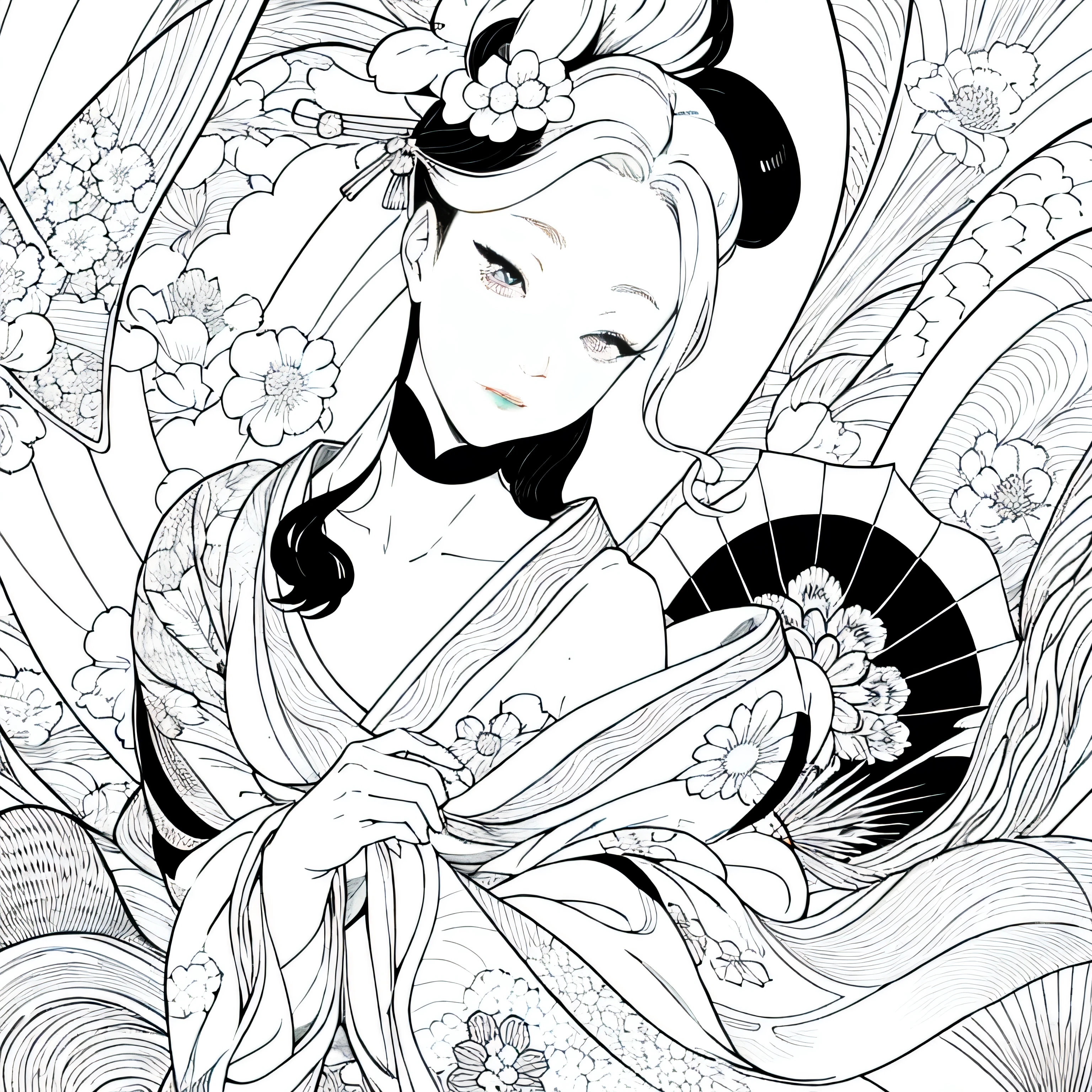 Create images inspired by the beauty of Japanese Ukiyo-e, With delicate lines, Focus on patterns and composition. kimono white,kaleidoscope background,Black and White