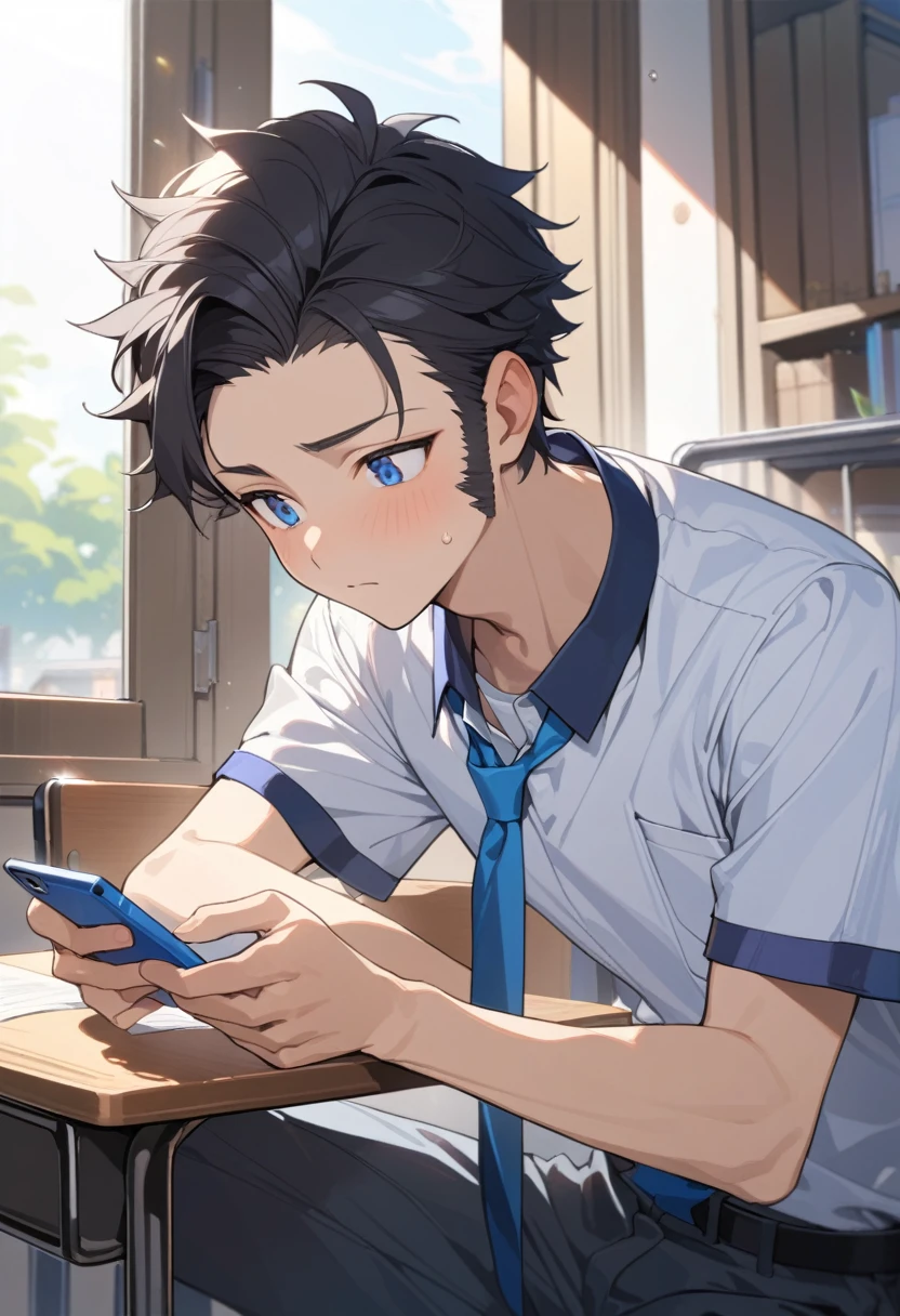 masterpiece, best quality, extremely detailed, ultra detailed, flat anime, 2D, ((1boy)),black hair, (short hair:1.5),blue eyes, height 1.7meters, (circle eyes:1.2), (young adult:1.2), Ear-length sideburns,height 1.7meters, High School Uniforms, white shirt, blue tie, ((short sleeves)), ((long pants)), sitting, closed mouth, thinking, upper body, summer, classroom, 11AM,looking at his smart phone., Operating a smart phone