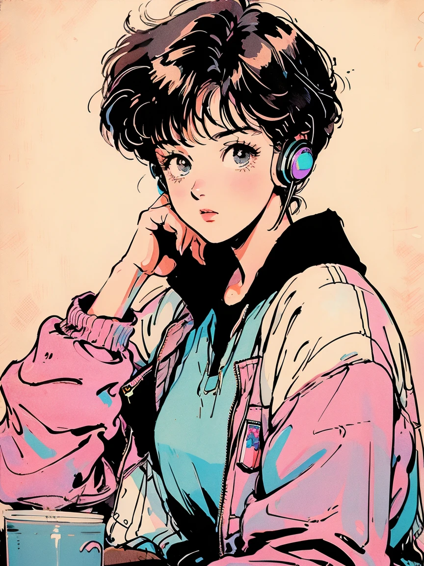 Short brown hair, girl, the 90s, Romance Anime Style, cardigan, Lip gloss, Headphones,liquor,飲liquor,liquorを飲む,liquor好き,Mug,Neon Light、short hair