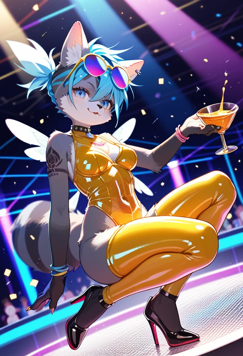 Highest quality, Highest quality, High quality illustrations, masterpiece, Ultra-high resolution, Detailed Background, club, Disco, Absurd, Perfect Anatomy, performance, Good lighting, Shadows in the movies(kemono, Furry Personifi猫ion), bee, honey colored, Yellow Color, Honey Latex, neon, neonカラー, cyber punk, 蜜beeの衣装, 蜜beeコスプレ, ラバーの蜜beeの尻尾, Bee Wings, enamel, sunglasses, Tattoo, first round, High heels, Dynamic Angle