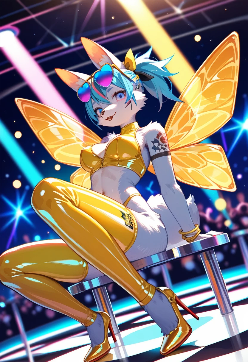 Highest quality, Highest quality, High quality illustrations, masterpiece, Ultra-high resolution, Detailed Background, club, Disco, Absurd, Perfect Anatomy, performance, Good lighting, Shadows in the movies(kemono, Furry PersonifiCation), Cat, latex, neon, neonカラー, cyber punk, Bee costume, Bee Cosplay, Rubber bee tail, Bee Wings, enamel, sunglasses, Tattoo, Dynamic Angle