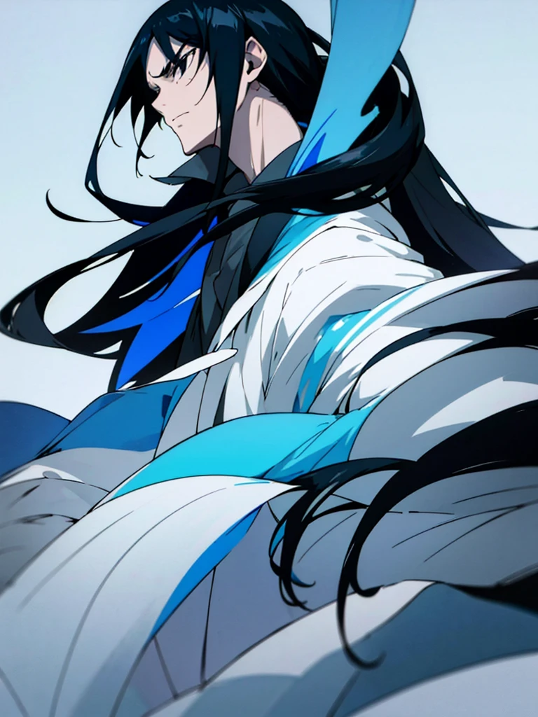 The image features an anime character with long black hair highlighted with blue. The character has a serious and calm expression, with large, clear black eyes. They are wearing a white coat over a high-collared black shirt. The background of the image is black
