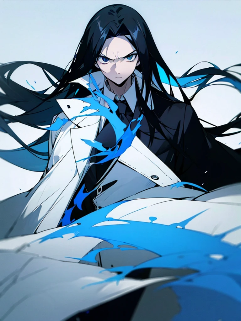 The image features an anime character with long black hair highlighted with blue. The character has a serious and calm expression, with large, clear black eyes. They are wearing a white coat over a high-collared black shirt. The background of the image is black