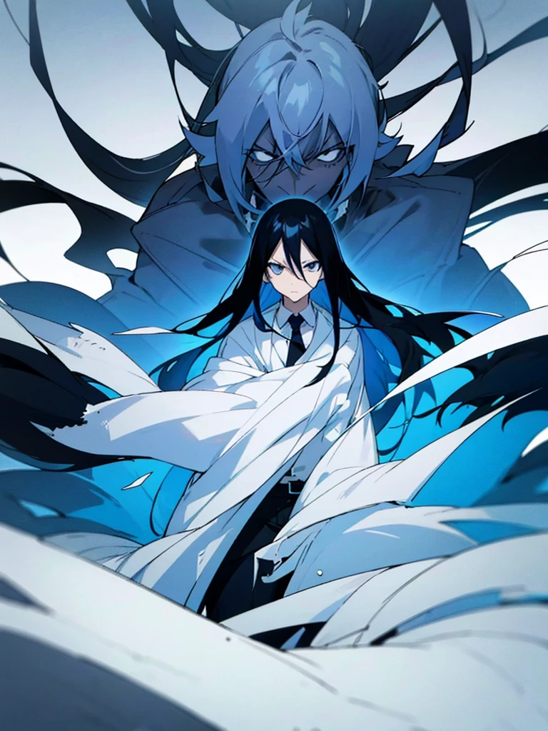 The image features an anime character with long black hair highlighted with blue. The character has a serious and calm expression, with large, clear black eyes. They are wearing a white coat over a high-collared black shirt. The background of the image is black