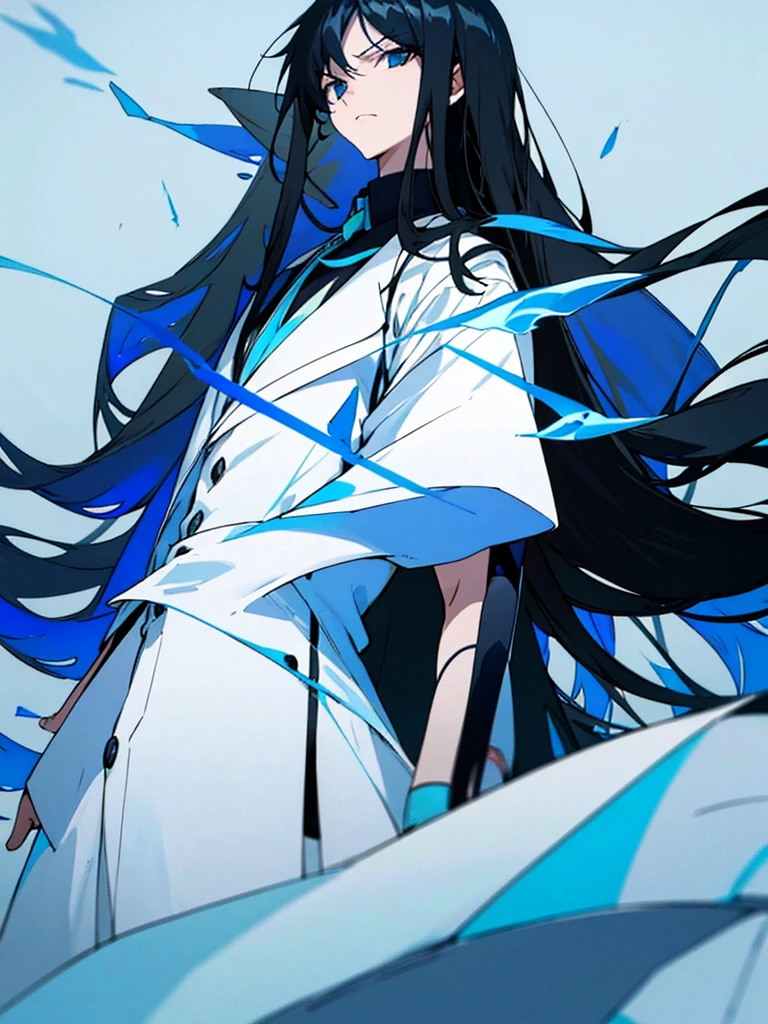 The image features an anime character with long black hair highlighted with blue. The character has a serious and calm expression, with large, clear black eyes. They are wearing a white coat over a high-collared black shirt. The background of the image is black
