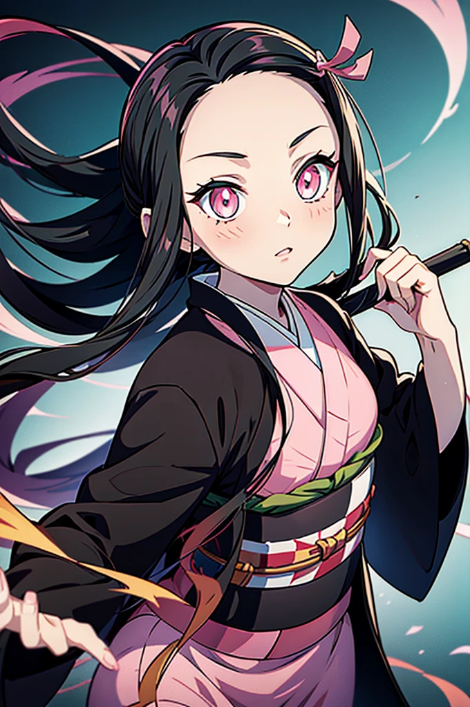 Anime,Nezuko Kamado,Demon Slayers series,Anime series , wide four head,pink pupils,pink kimono with green and black belt, long black hairs, mature body,
