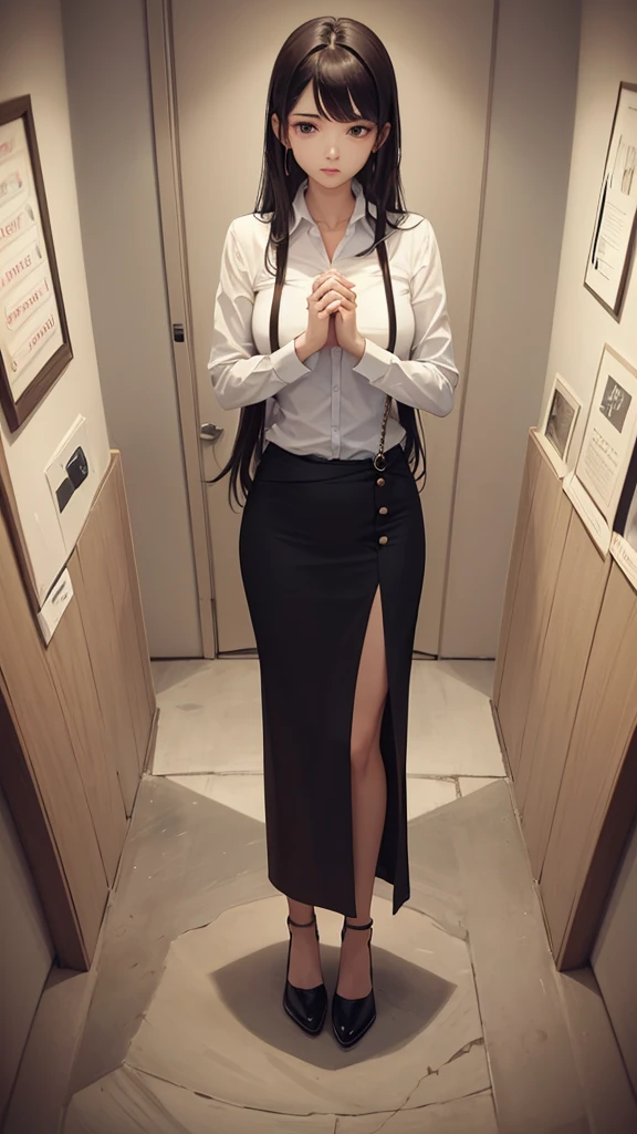woman standing upright standing alone Hold the money with both hands to your chest.