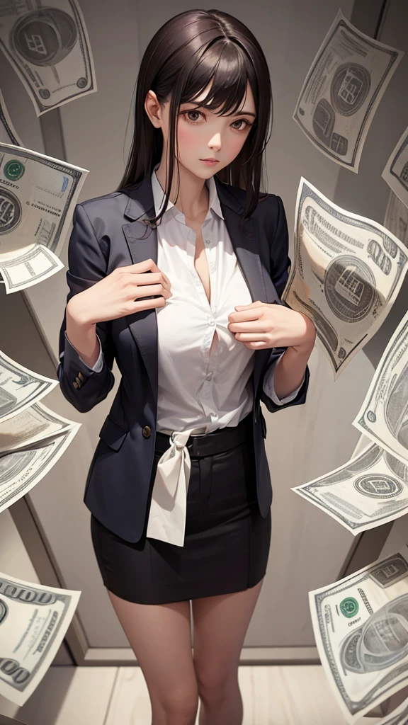 woman standing upright standing alone Hold the money with both hands to your .