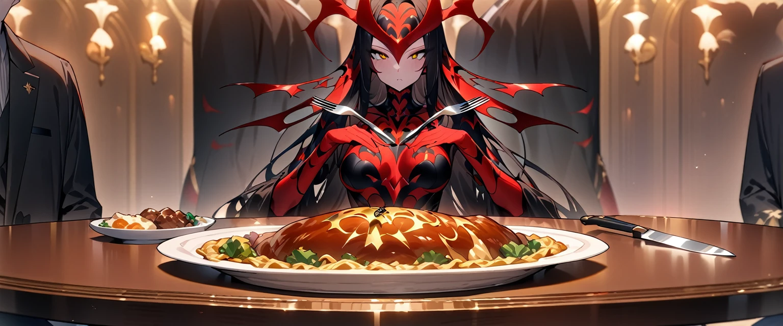 (((masterpiece,Highest quality))),(((Devil anime woman with fly motif))),(((He is sitting alone at the table, holding his knife and fork in front of a sumptuous meal))),(Human-like design,No other people),Focus on people,(high quality),アニメ
