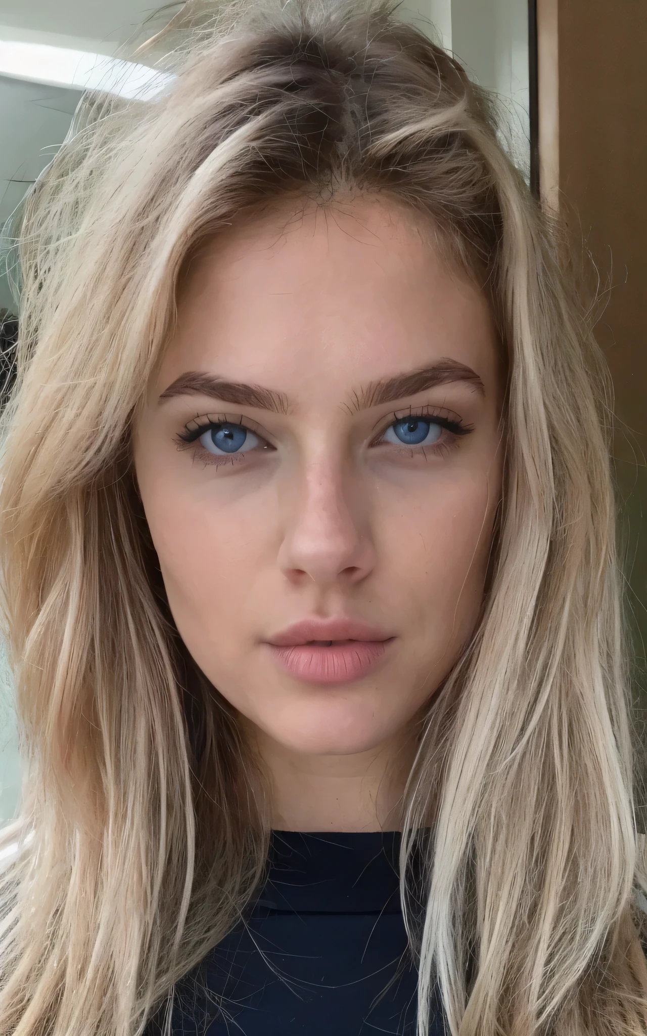 Femme avec de long cheveux blond ultra réaliste, ultra détaillée, regarde l'objectif, avec des yeux bleu claire, gros seins, expression neutre, photo de profil instagram.