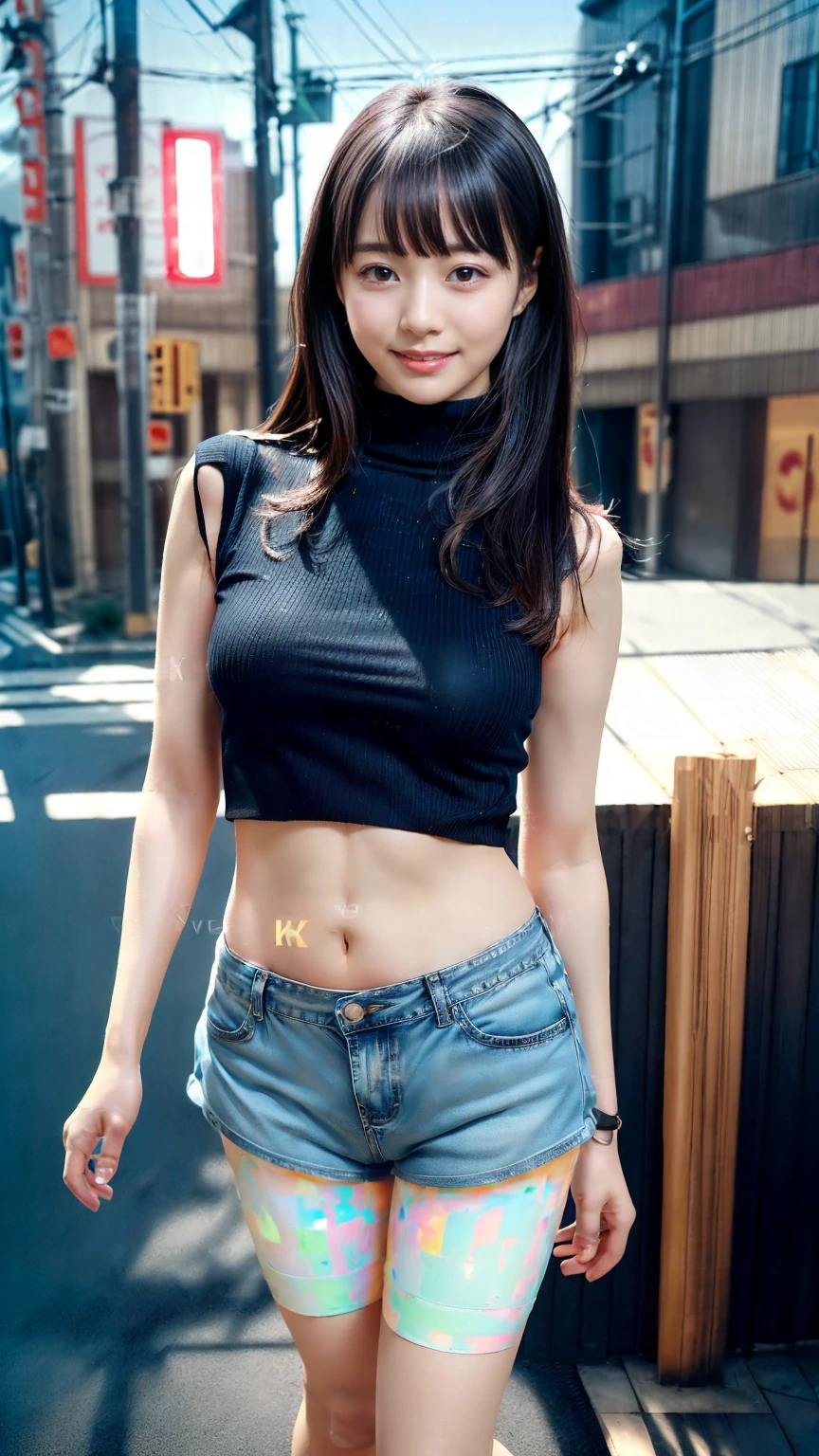 (((Tokyo Street:1.5))、Woman walking in the city:1.3、The background is the street)、(Realistic、Like a photograph、Live Action、8k, Realistic, RAW Photos, Best image quality: 4), Single-lens reflex camera、RAW Photos, Highest quality, Realistic, Very detailedな CG Unity 8k 壁紙, Written boundary depth, Cinematic Light, Lens flare, Ray Tracing, Realistic background、(paisla:1.3,Bag strap between chest、(Turtleneck sweater)、Abdominal muscles、(Denim shorts:1.2)、Large Breasts))、((ultra high density skin))、 1 female,cute japanese gal、((whole body:1.5),look up:1.smile、(Long Hair、Black Hair:1.3)、I like that style、stylish、Very detailed、Pay attention to the details、Perfect outfit、(White skin)、Beautiful feet:1,Anatomically correct body、Accurate Fingers、Are standing、View from below