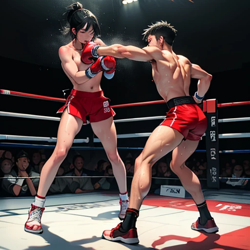 two naked bloody pretty young japanese girl fighters are fighting so hard. they have boxing in a ring. punchs are hiting their body. they are groggy. they have short-cut black hair, shortness of breath, drool from her mouth, one closed eye, exhaustion, and sweat soaked. open finger grobe. full body. Muscularity. Six pack abs.